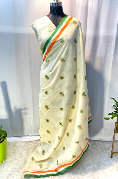 White And Tricolor Border Hand crafted Chanderi Cotton Sarees with beautiful Digital Print all over.