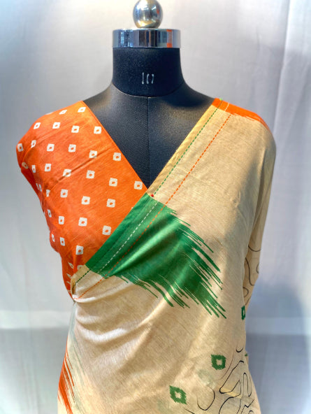 Cream And Tricolor Hand crafted Chanderi Cotton Sarees with beautiful Digital Print all over.