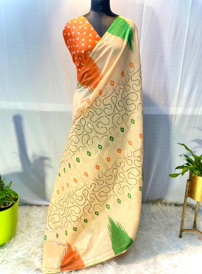 Cream And Tricolor Hand crafted Chanderi Cotton Sarees with beautiful Digital Print all over.