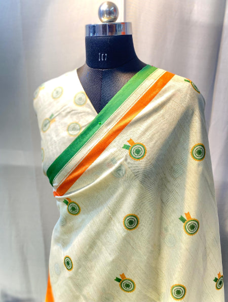 White And Tricolor Border Hand crafted Chanderi Cotton Sarees with beautiful Digital Print all over.