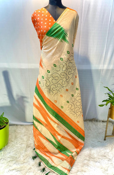 Cream And Tricolor Hand crafted Chanderi Cotton Sarees with beautiful Digital Print all over.