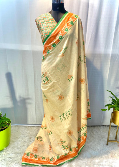 Cream And Tricolor Border Hand crafted Chanderi Cotton Sarees with beautiful Digital Print all over.