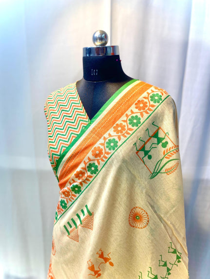 Cream And Tricolor Border Hand crafted Chanderi Cotton Sarees with beautiful Digital Print all over.