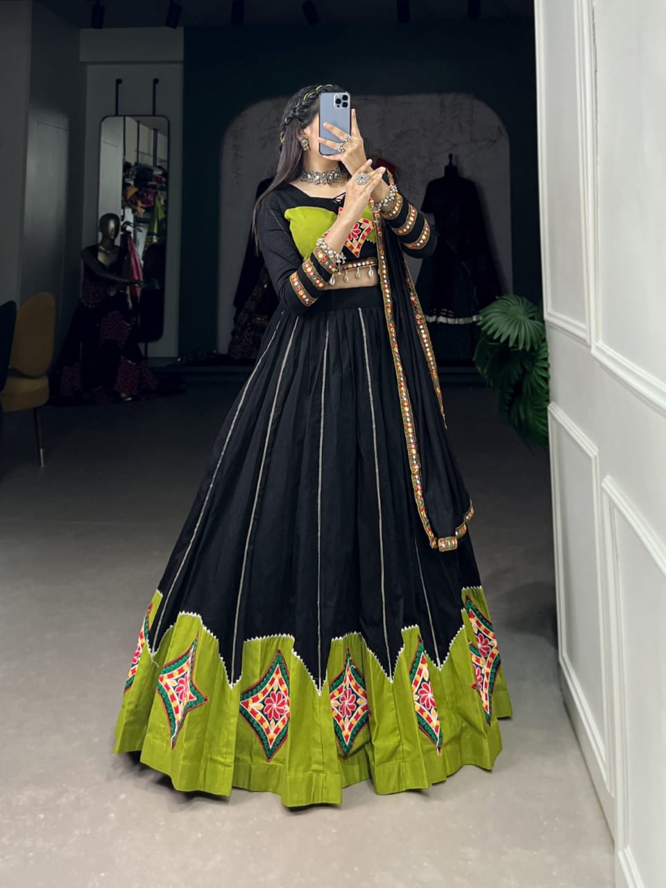 Bold Black With Green Gorgeous Navratri Lehenga.