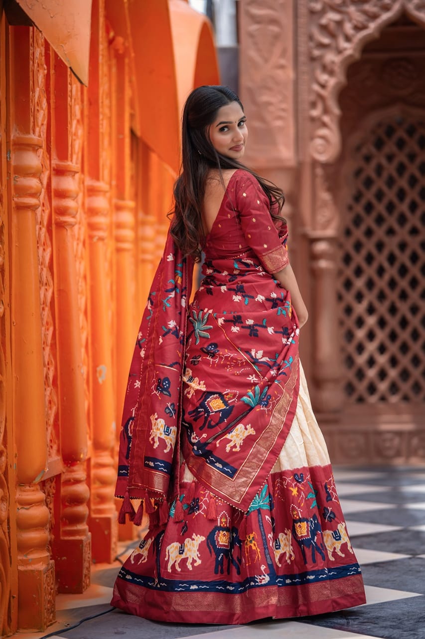 Pearl Cream Dola Silk Lehenga.