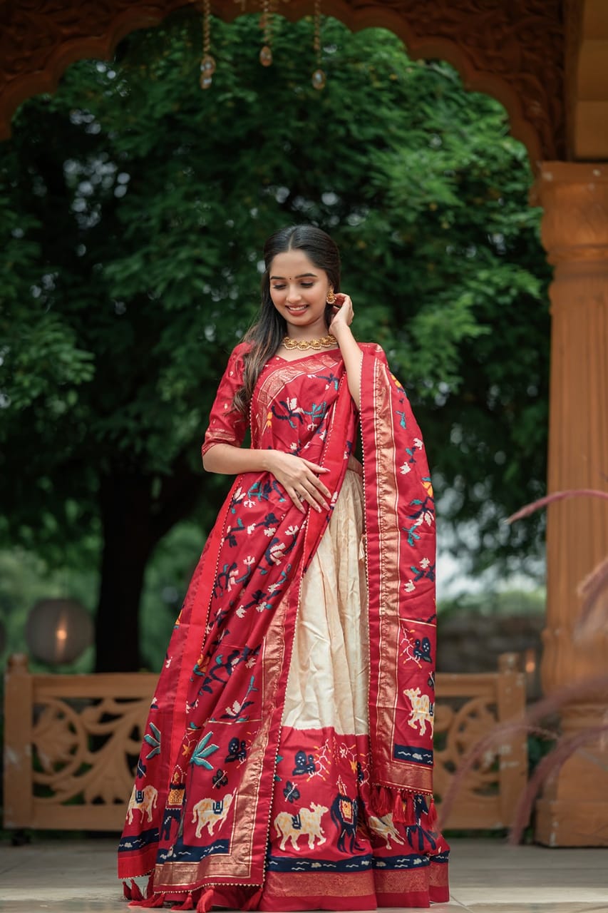 Pearl Cream Dola Silk Lehenga.