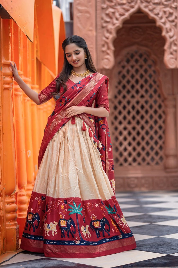 Pearl Cream Dola Silk Lehenga.