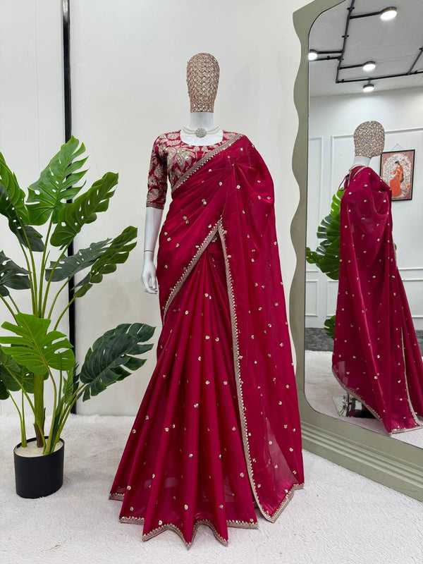 Wine Red Jimmy chu Fabric with Thread & Sequence work saree