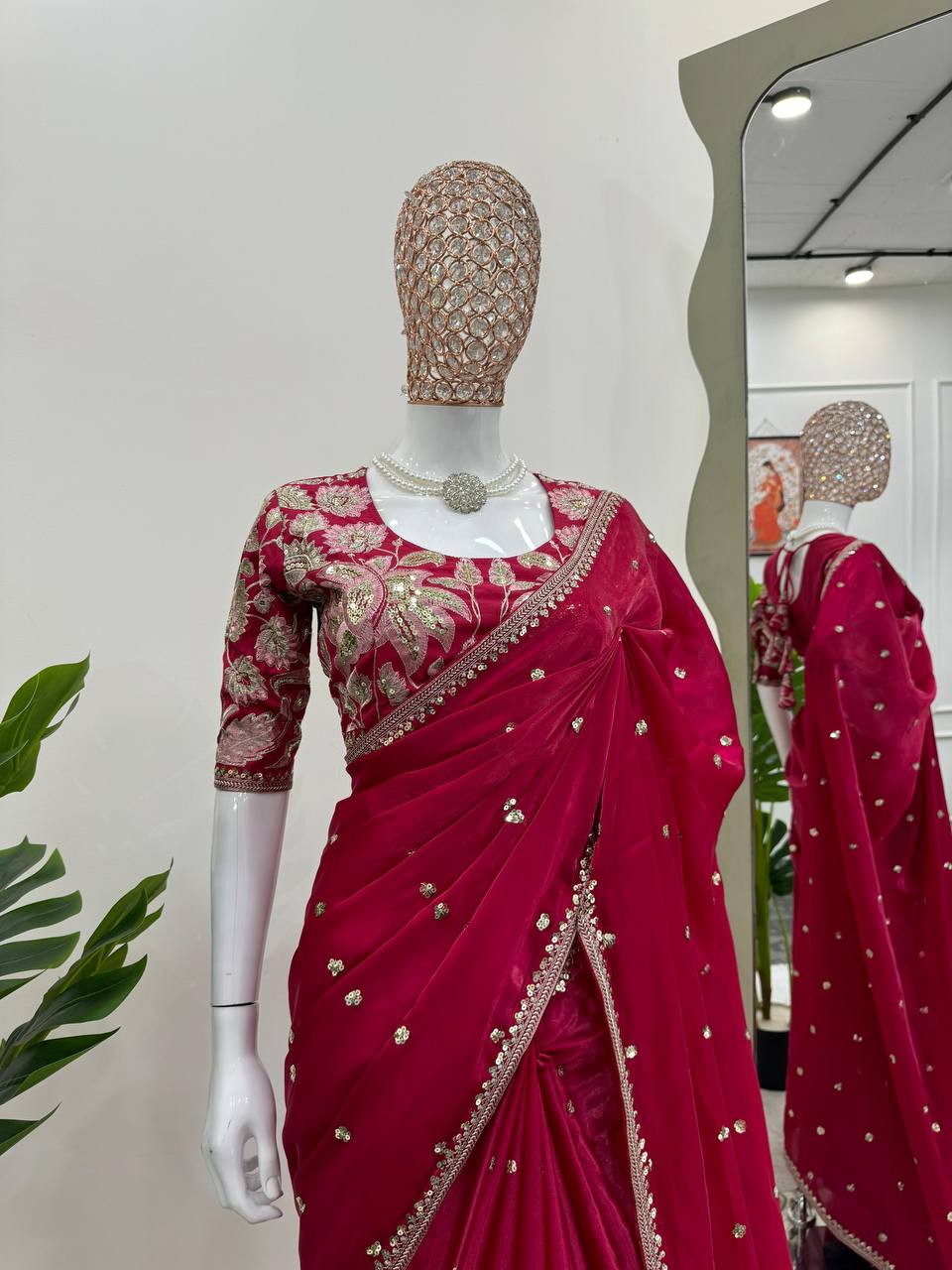 Wine Red Jimmy chu Fabric with Thread & Sequence work saree