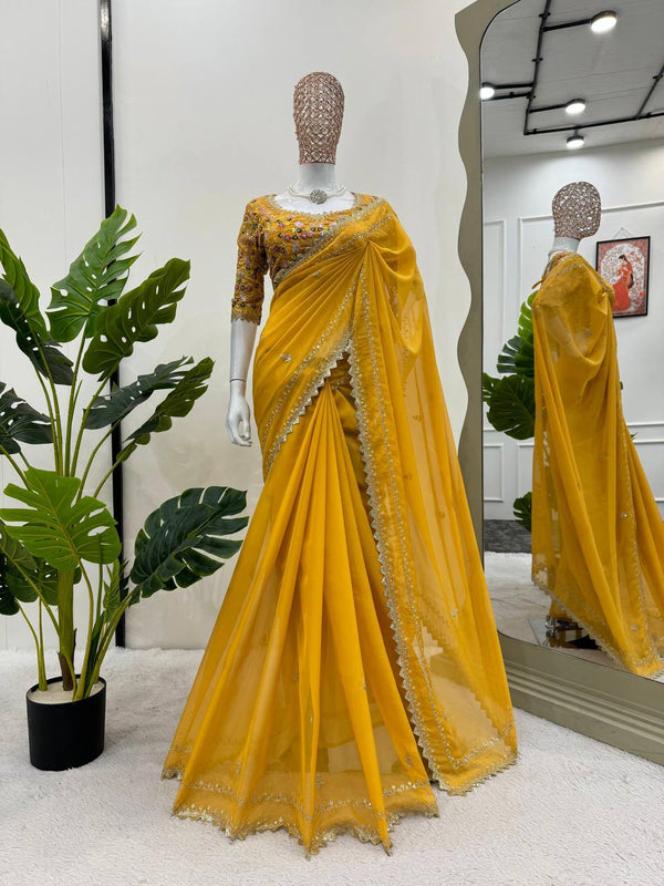 Mustard Yellow Tibby silk Fabric with Thread & Sequence work saree