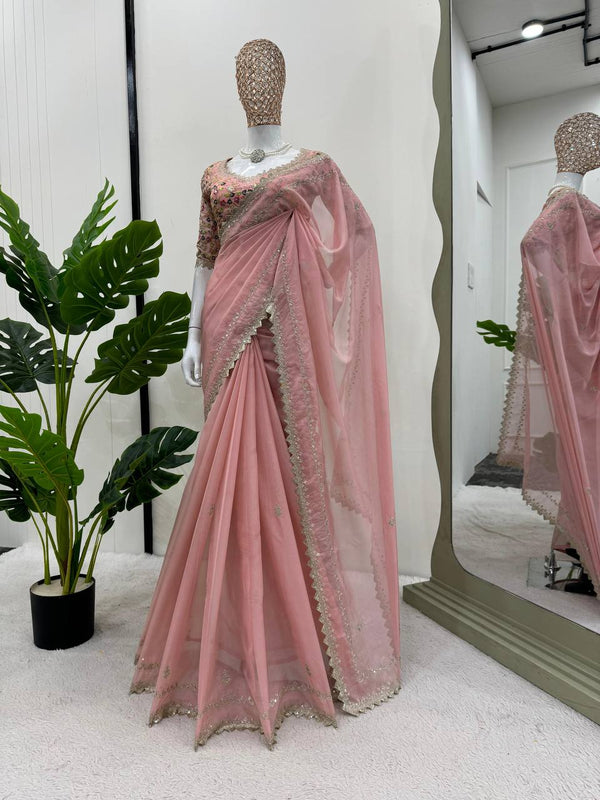 Old Rose Pink Tibby silk Fabric with Thread & Sequence work saree