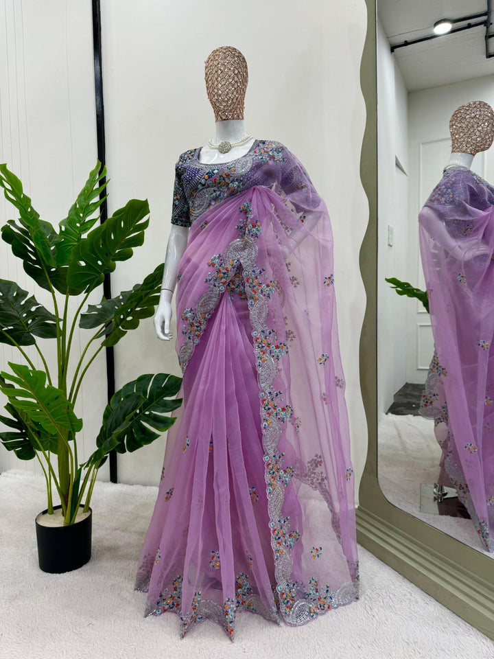 Light Purple Organza Silk Fibric with Thread & Sequence work saree