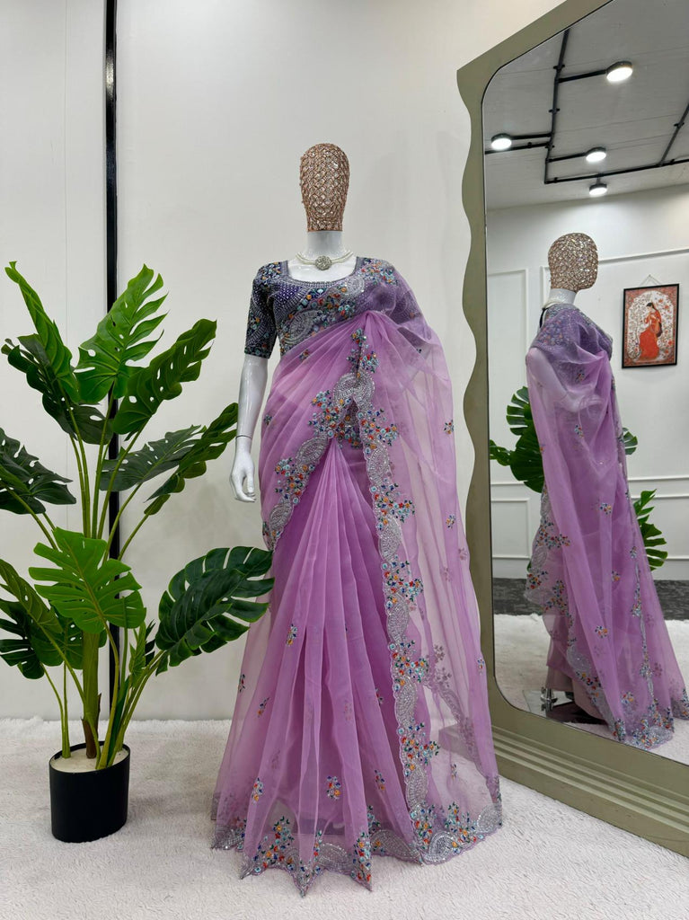 Light Purple Organza Silk Fibric with Thread & Sequence work saree