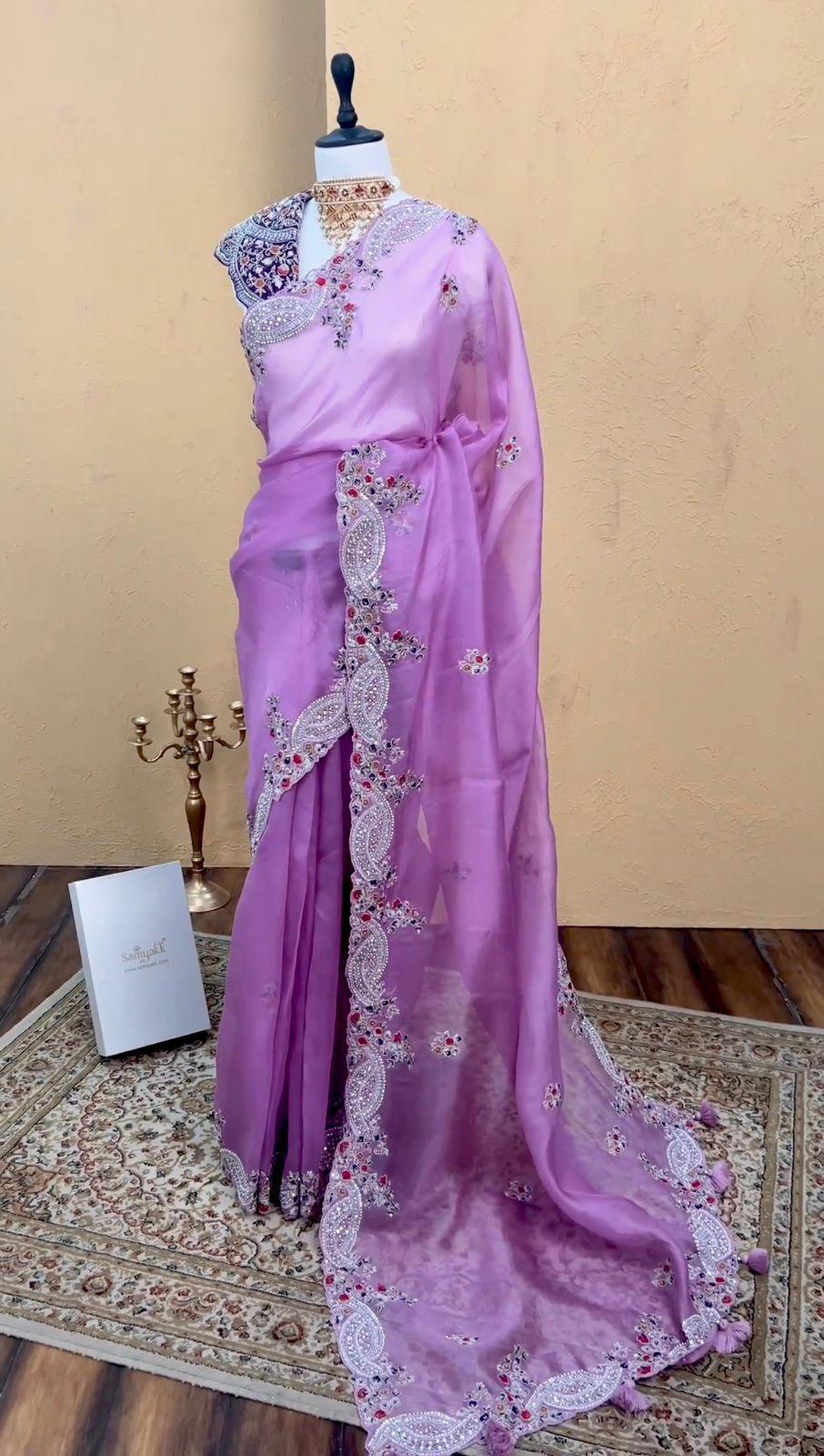 Light Purple Organza Silk Fibric with Thread & Sequence work saree