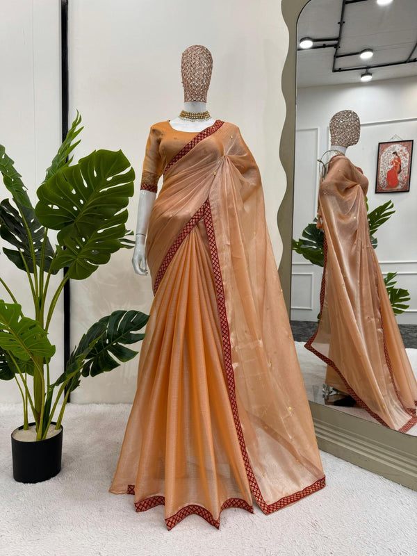 Salmon Orange Burberry silk with Thread & Sequence work with Ston work saree