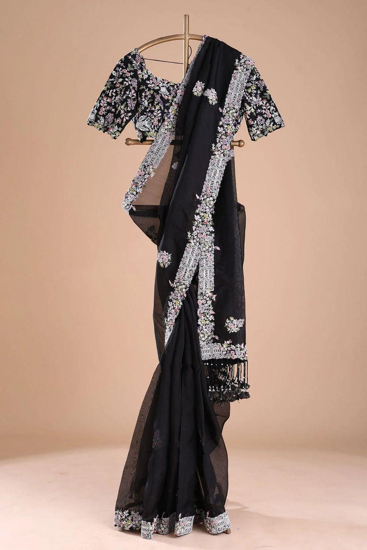 Bold Black Tibby silk and Tassels with Thread work saree