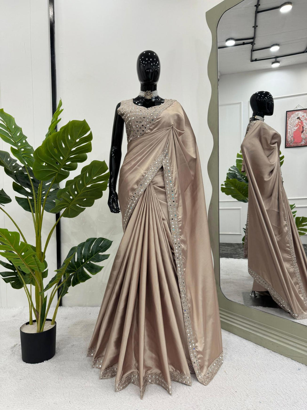 Almond Brown Japan Satin Silk With Thread & Real Mirror work saree