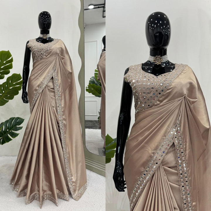 Almond Brown Japan Satin Silk With Thread & Real Mirror work saree