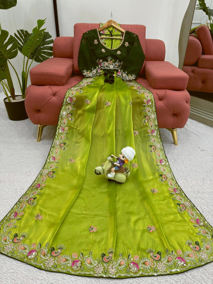 Lemon Green Jimmu Chu silk with Sequence work Saree