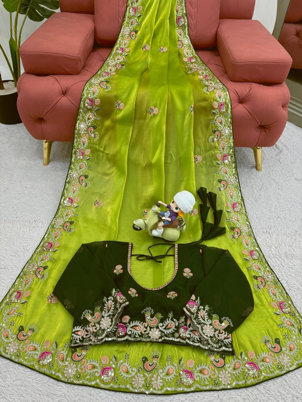 Lemon Green Jimmu Chu silk with Sequence work Saree