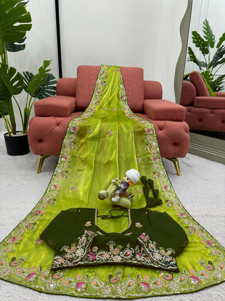 Lemon Green Jimmu Chu silk with Sequence work Saree