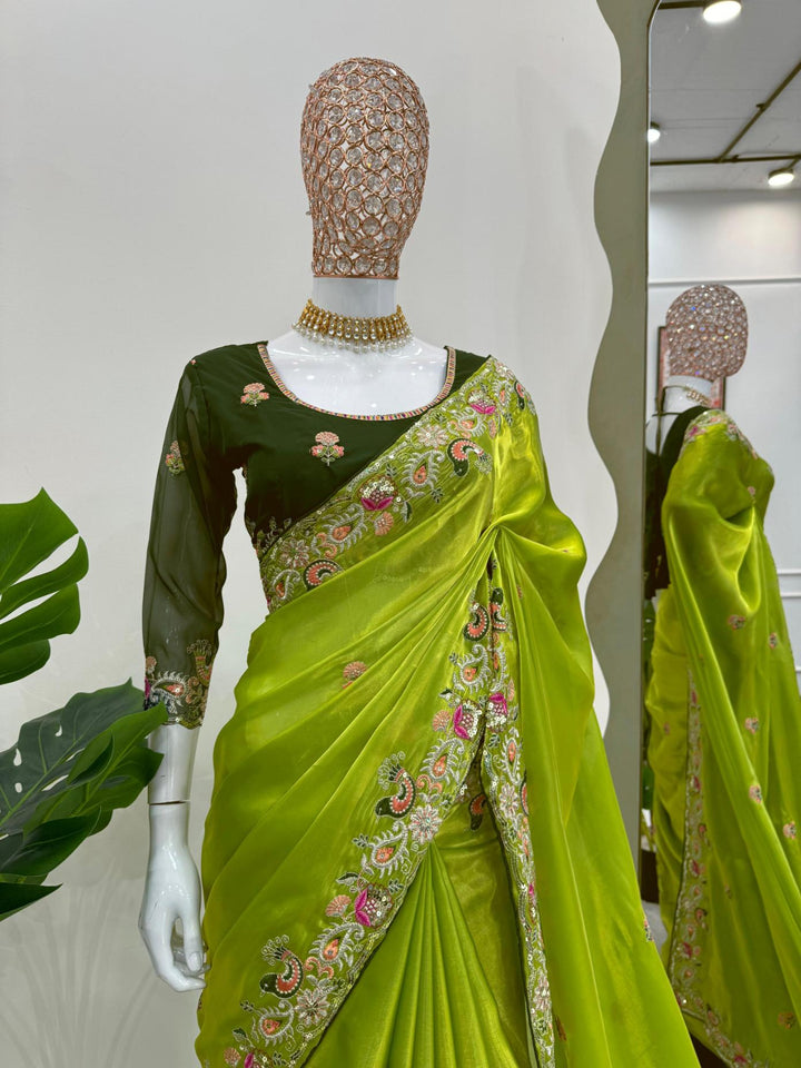 Lemon Green Jimmu Chu silk with Sequence work Saree