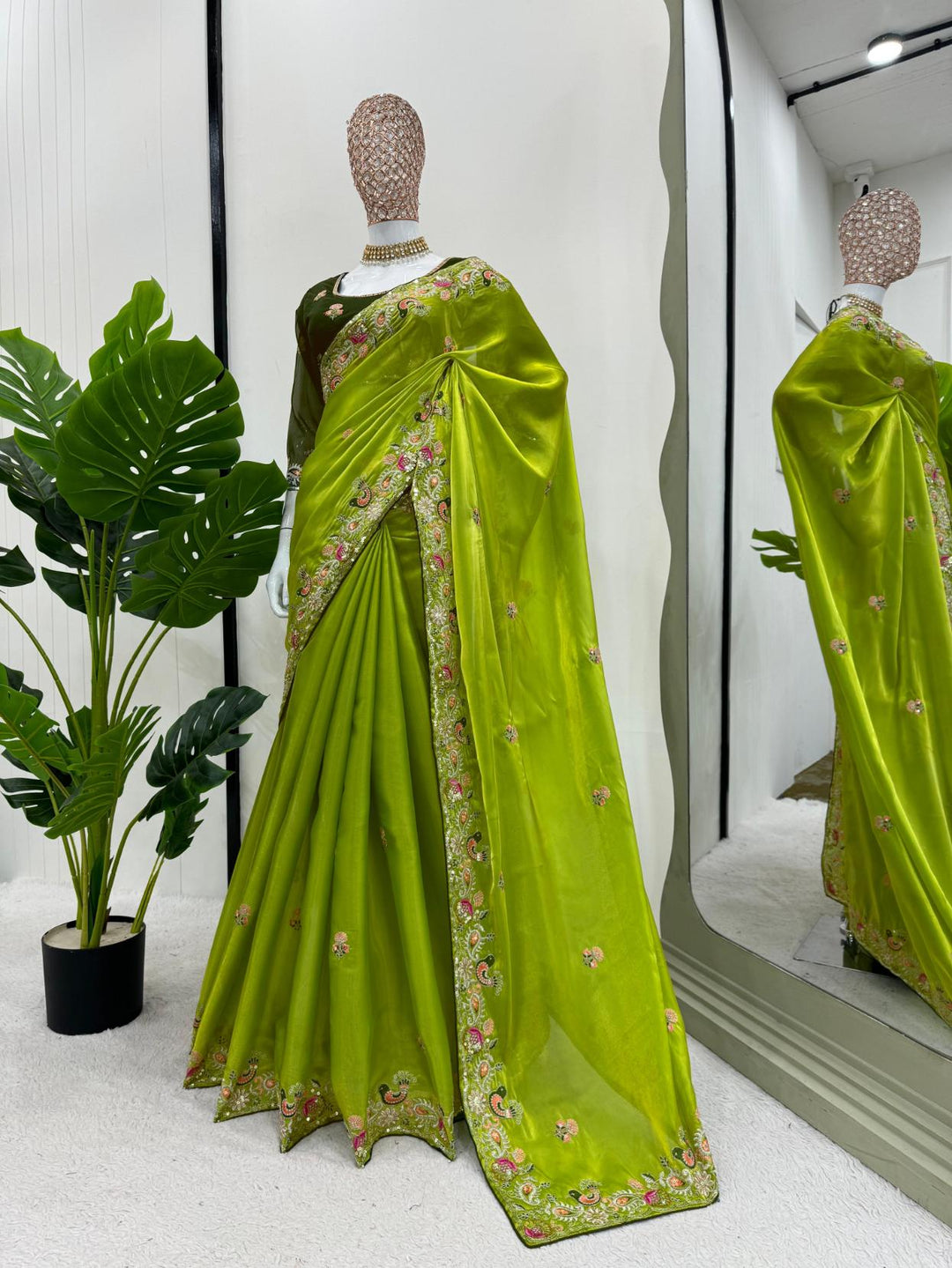 Lemon Green Jimmu Chu silk with Sequence work Saree