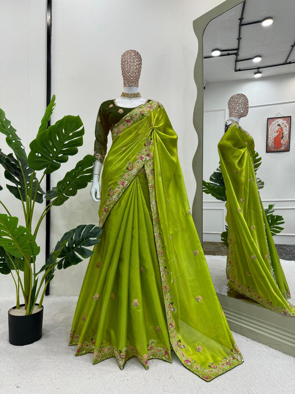 Lemon Green Jimmu Chu silk with Sequence work Saree