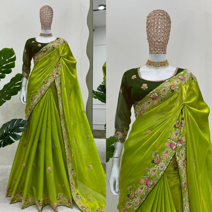 Lemon Green Jimmu Chu silk with Sequence work Saree