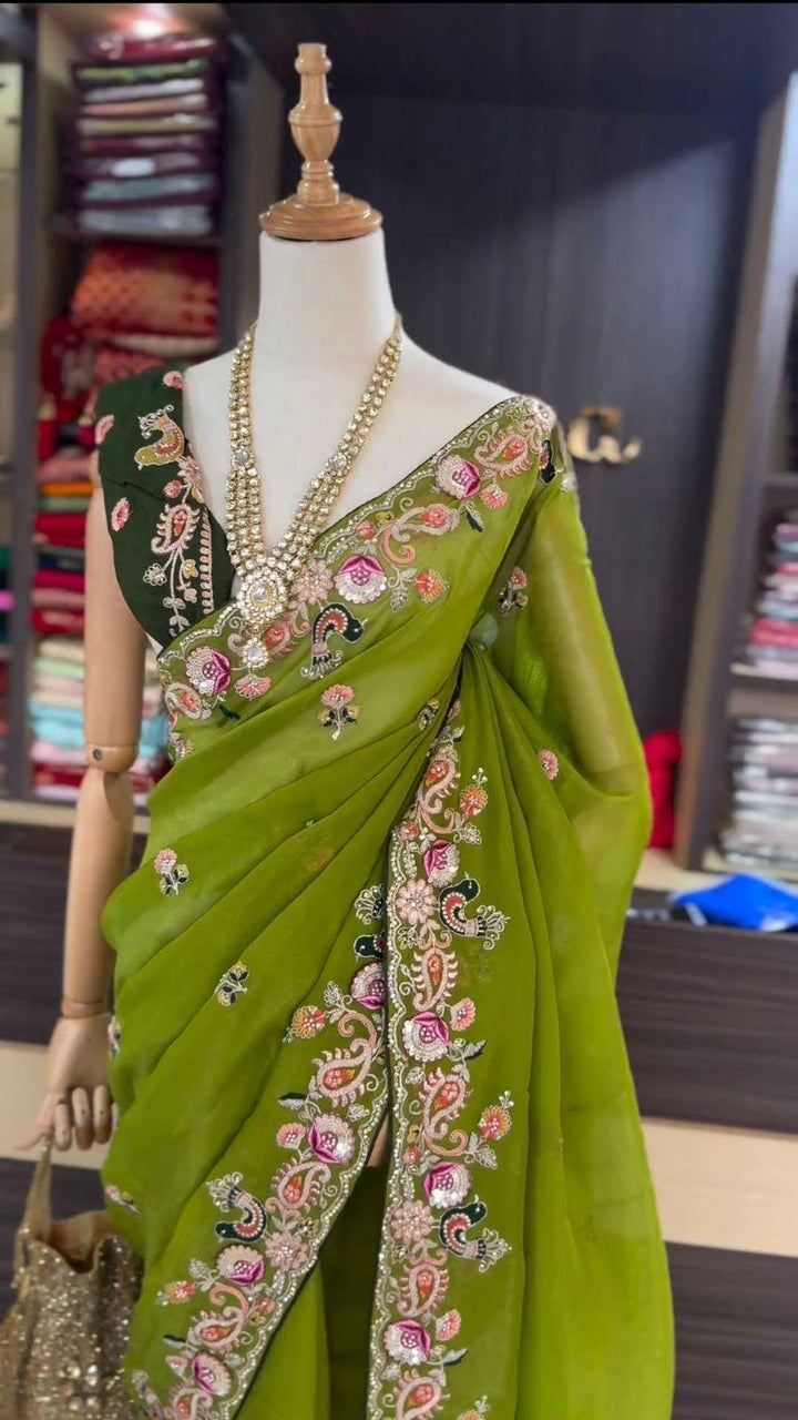 Lemon Green Jimmu Chu silk with Sequence work Saree