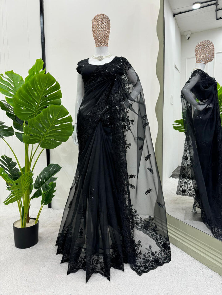 Bright Black Organza silk Fabric with Thread & Sequence work