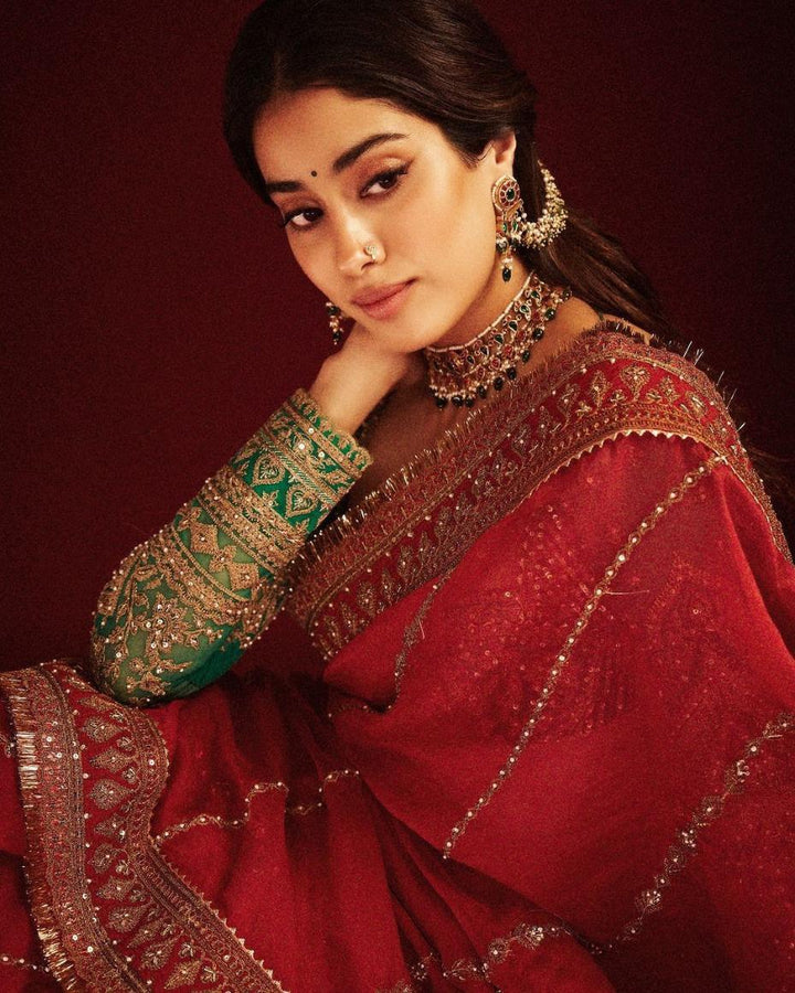 Traditional Red Organza silk Fabric with Thread & Sequence work saree.