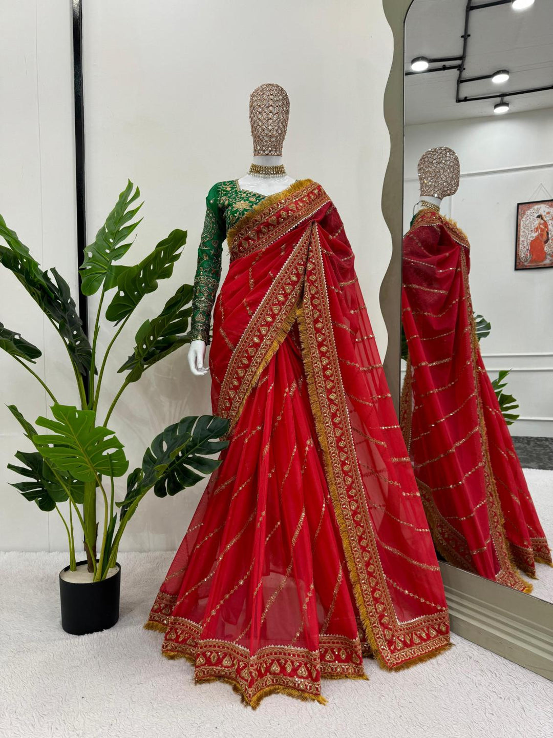 Traditional Red Organza silk Fabric with Thread & Sequence work saree.