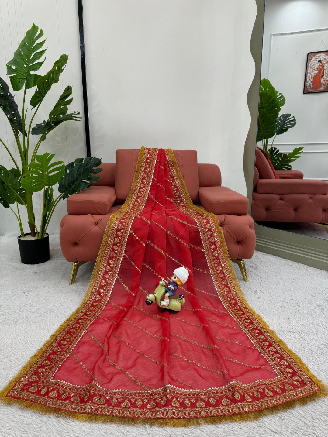 Traditional Red Organza silk Fabric with Thread & Sequence work saree.