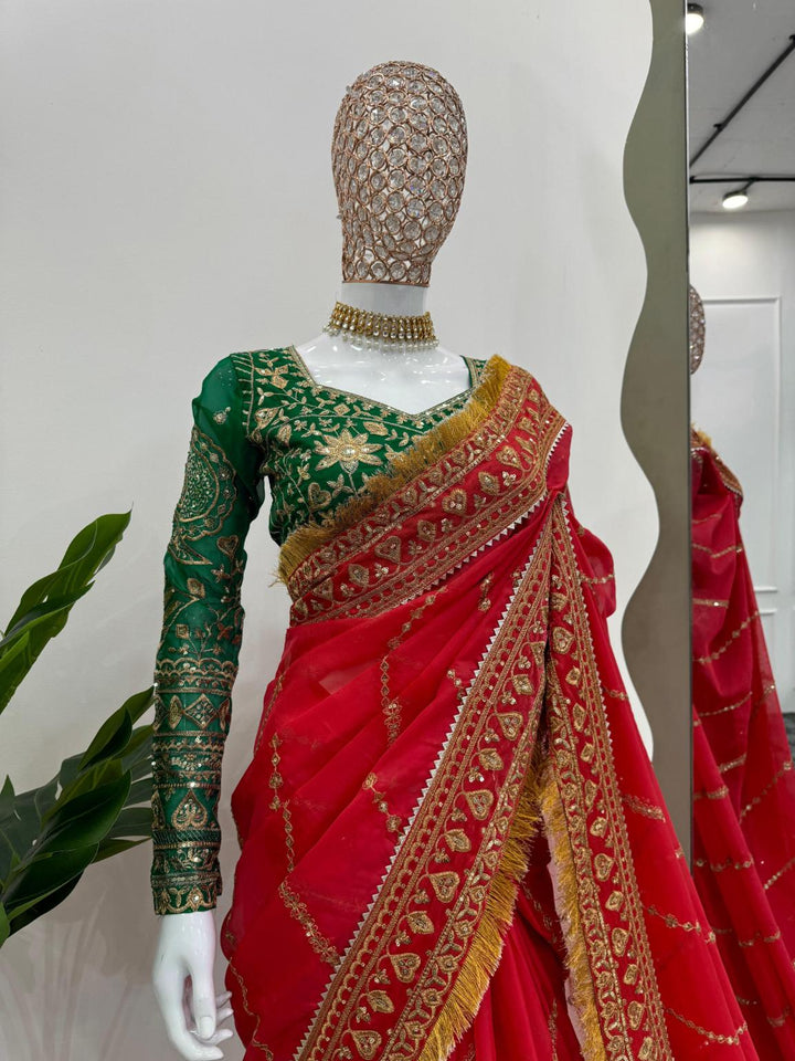 Traditional Red Organza silk Fabric with Thread & Sequence work saree.