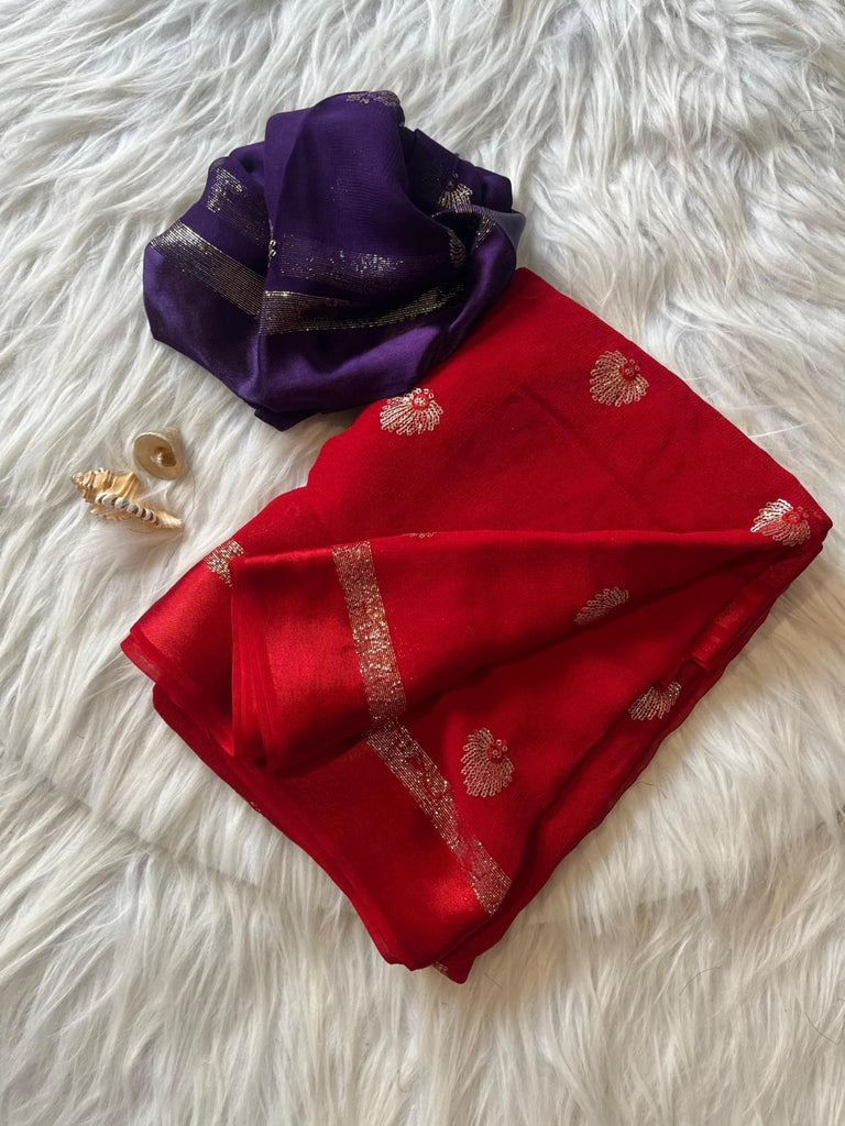 Cherry Red Pure Viscose Georgette With satin border Saree