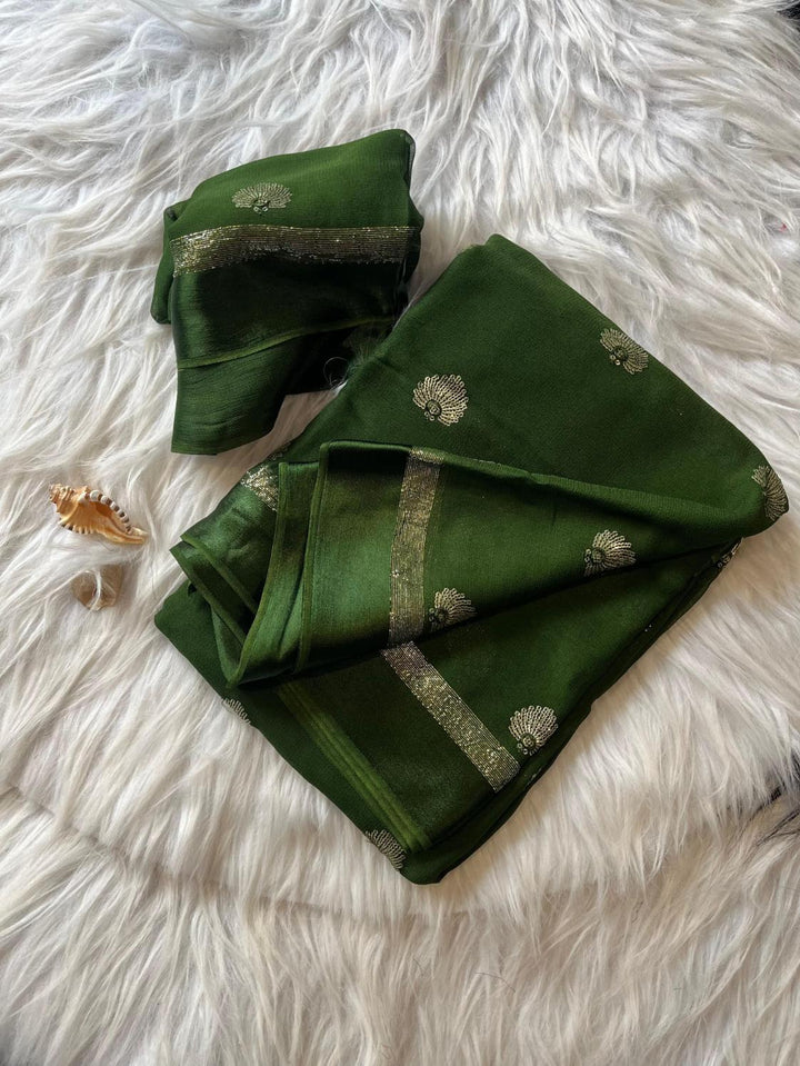 Leaf Green Pure Viscose Georgette With satin border Saree