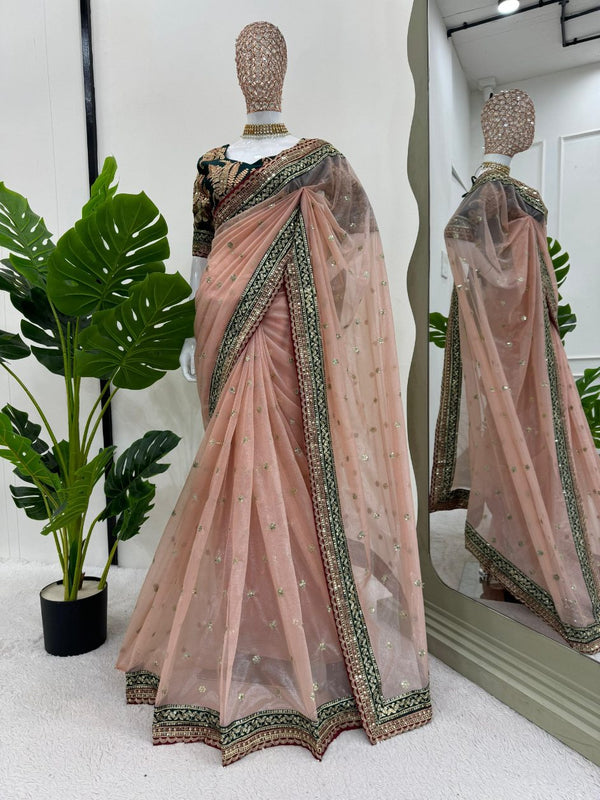 Old Pink Twill Net Fabric with Thraed & Sequence work saree