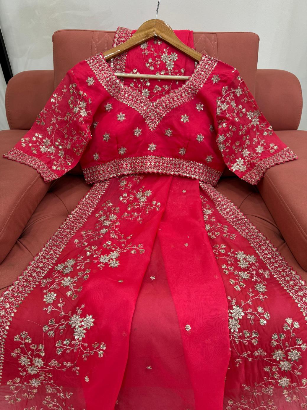 Bright pink Saree on Tibby silk Febric with Thread & Sequnce work