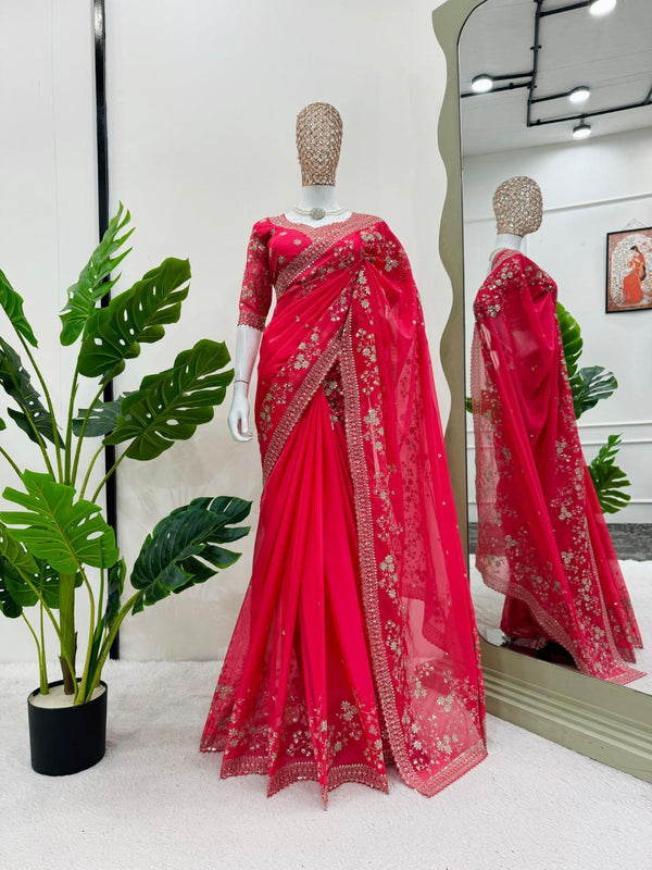 Bright pink Saree on Tibby silk Febric with Thread & Sequnce work