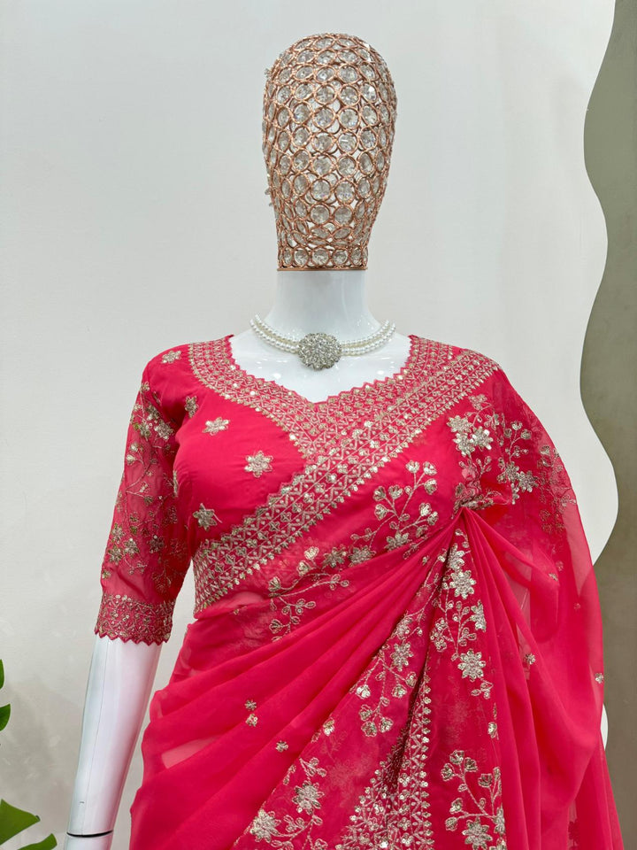 Bright pink Saree on Tibby silk Febric with Thread & Sequnce work