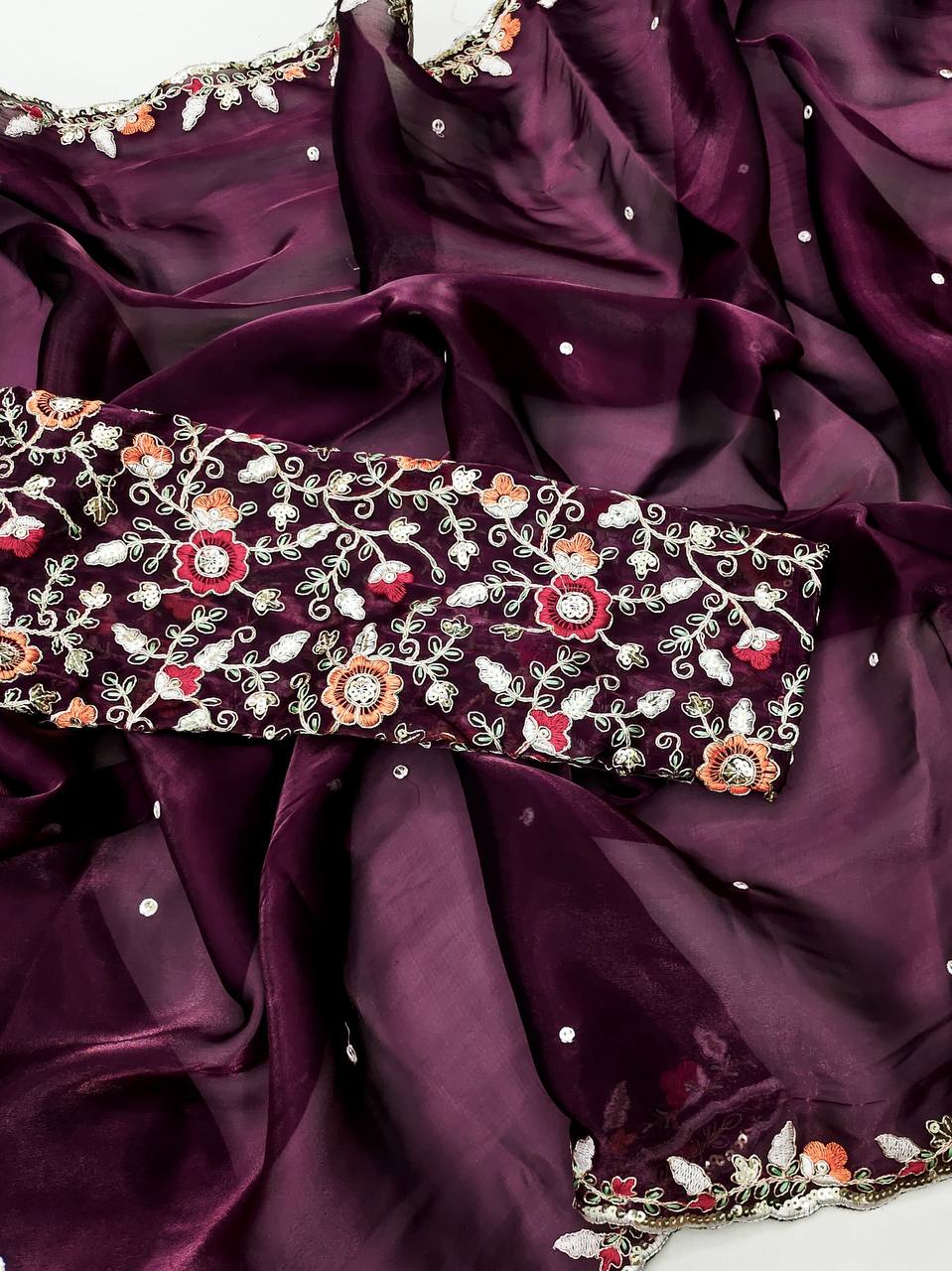 Dark Purple Soft Jimmy Choo with Embroidery Multi Treads saree