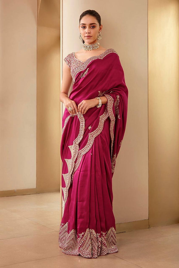 Pinkish Red Two Tone Vichitra Silk with  Embroidery Coding & Sequins Work saree