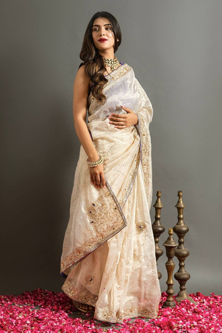 Pearl Cream Soft Jimmy Cho with Embroidery Coding & Sequins C-Pallu saree