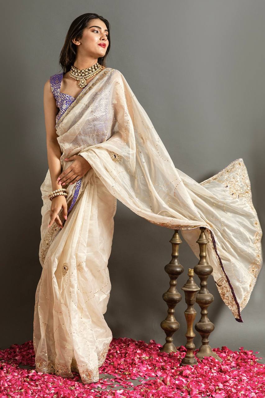 Pearl Cream Soft Jimmy Cho with Embroidery Coding & Sequins C-Pallu saree