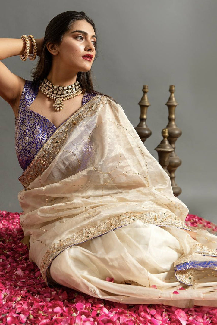 Pearl Cream Soft Jimmy Cho with Embroidery Coding & Sequins C-Pallu saree