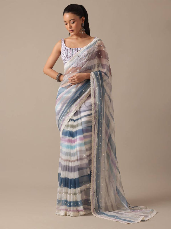 Blue With White Digital Prints & Embroidery Codding & Sequins Work saree