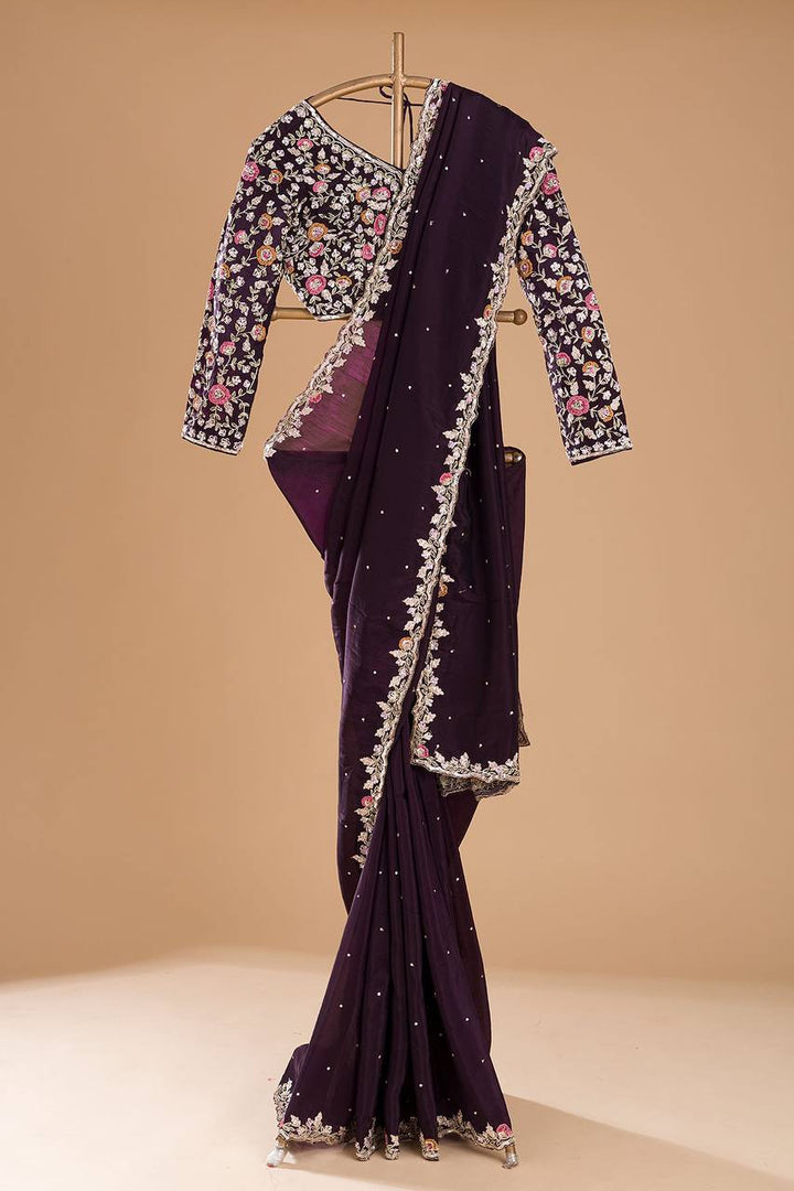 Dark Purple Soft Jimmy Choo with Embroidery Multi Treads saree