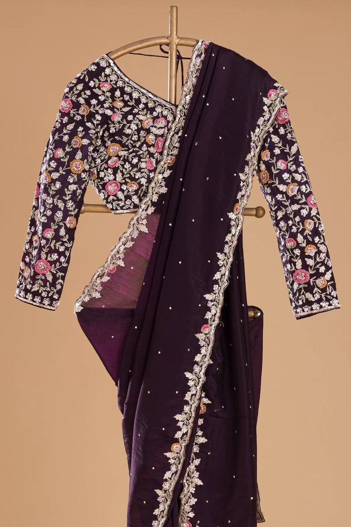 Dark Purple Soft Jimmy Choo with Embroidery Multi Treads saree