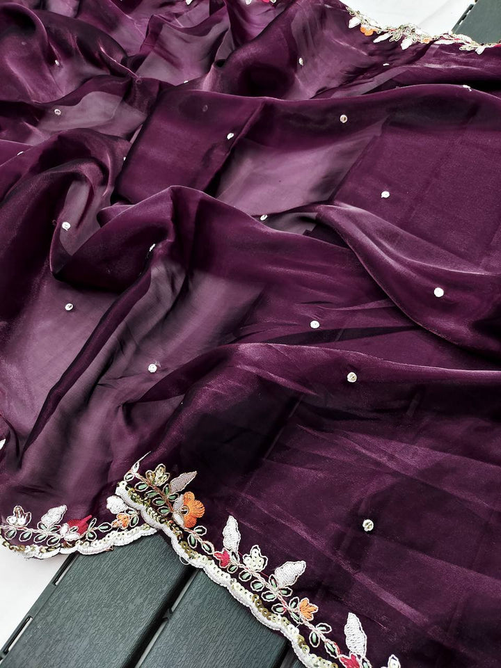 Dark Purple Soft Jimmy Choo with Embroidery Multi Treads saree